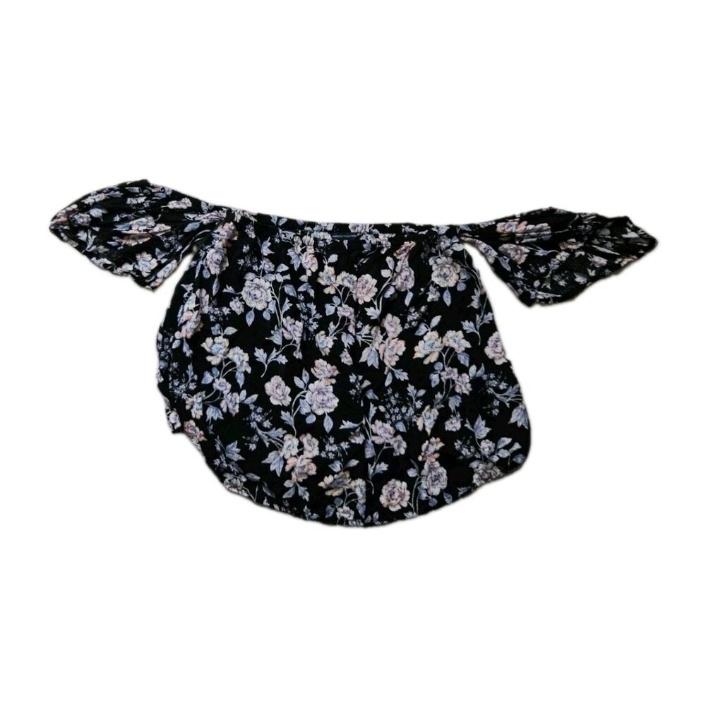 American Eagle Off Shoulder Floral Top Black Blue Flowy Boho Womens Sz S EUC